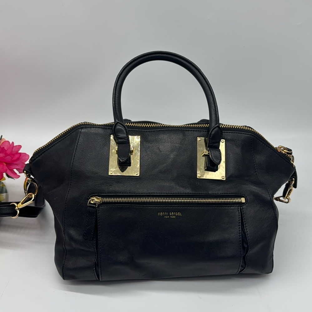 Henri Bendel Women's Black Gold Leather Satchel Handbag BP7503D